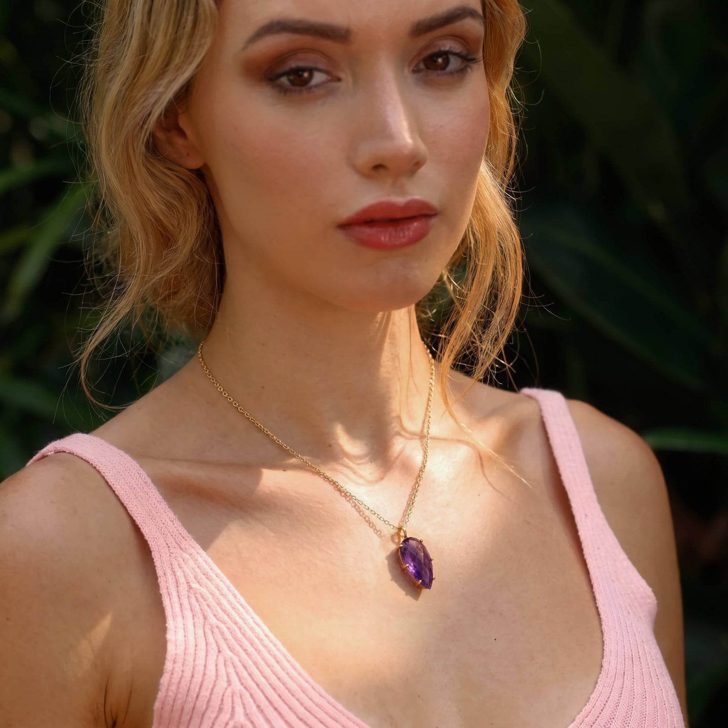 Amethyst gemstone pendant necklace detail