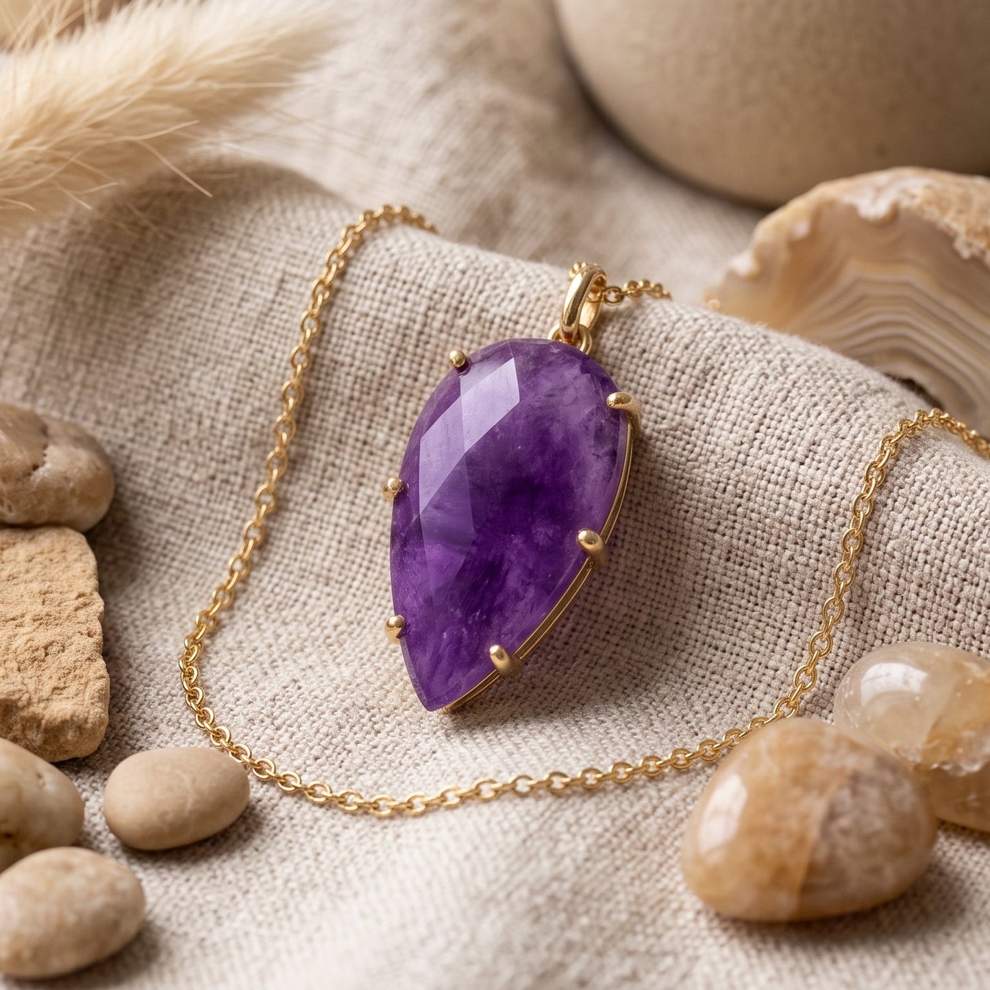 A teardrop-shaped purple gemstone pendant with a gold bezel setting on a delicate gold chain, displayed on a textured beige linen cloth surrounded by natural stones and dried grass.