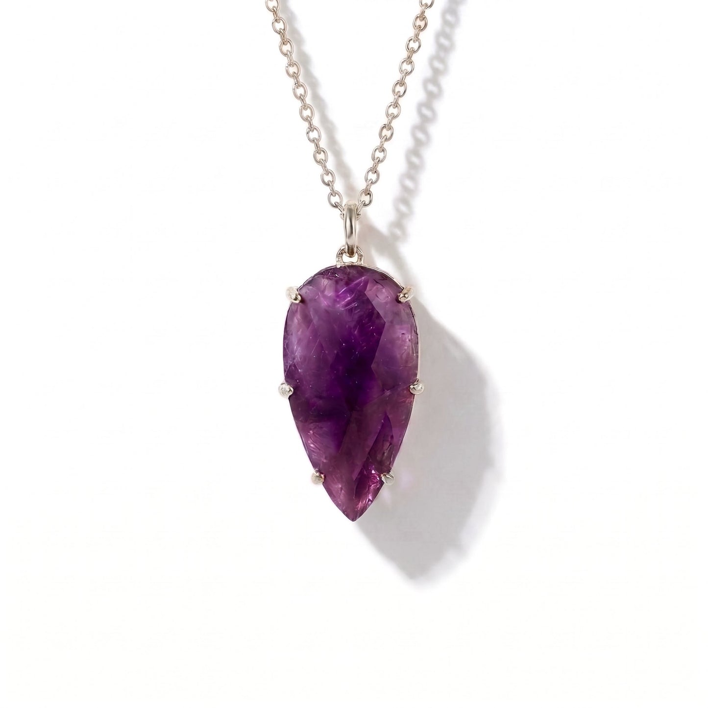 Amethyst gemstone pendant necklace with light silver chain