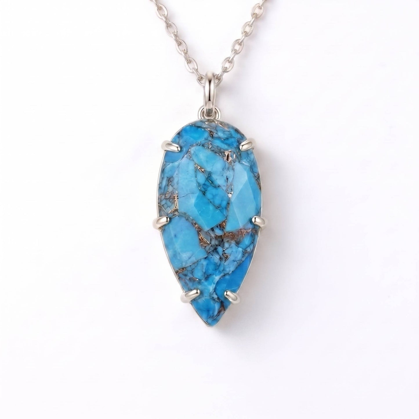 Turquoise gemstone pendant necklace with light silver chain