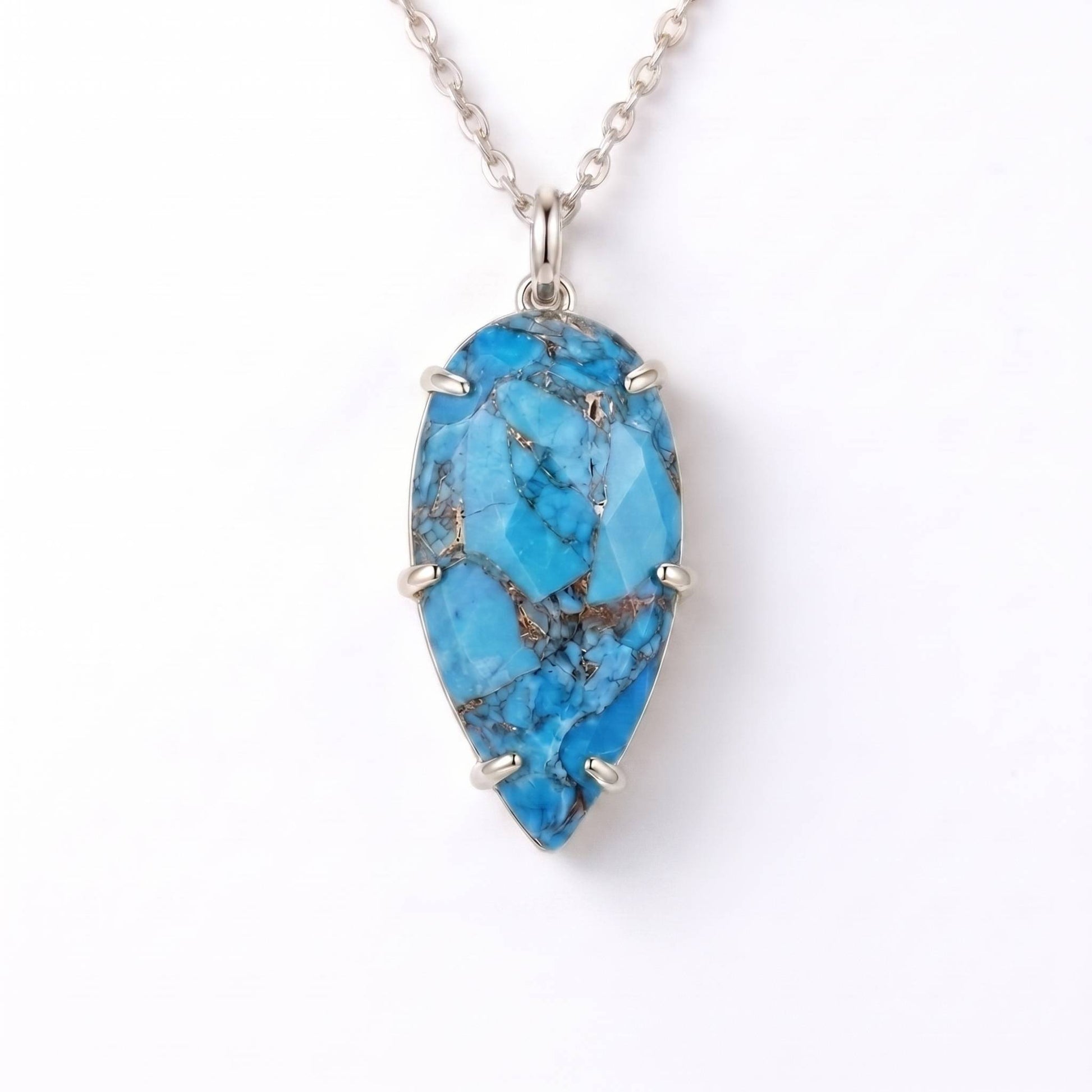 Turquoise gemstone pendant necklace with light silver chain