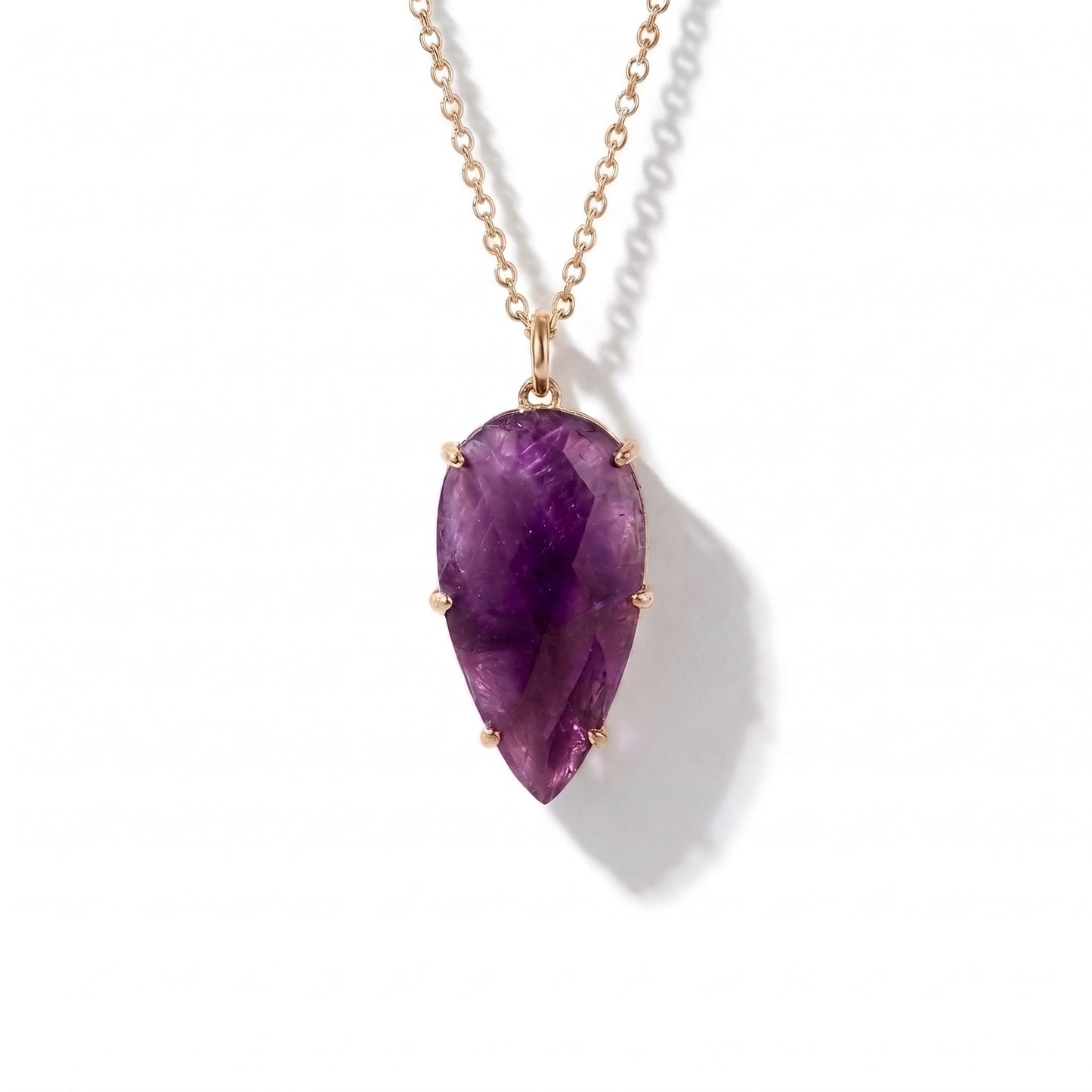 Amethyst gemstone pendant necklace with light gold chain