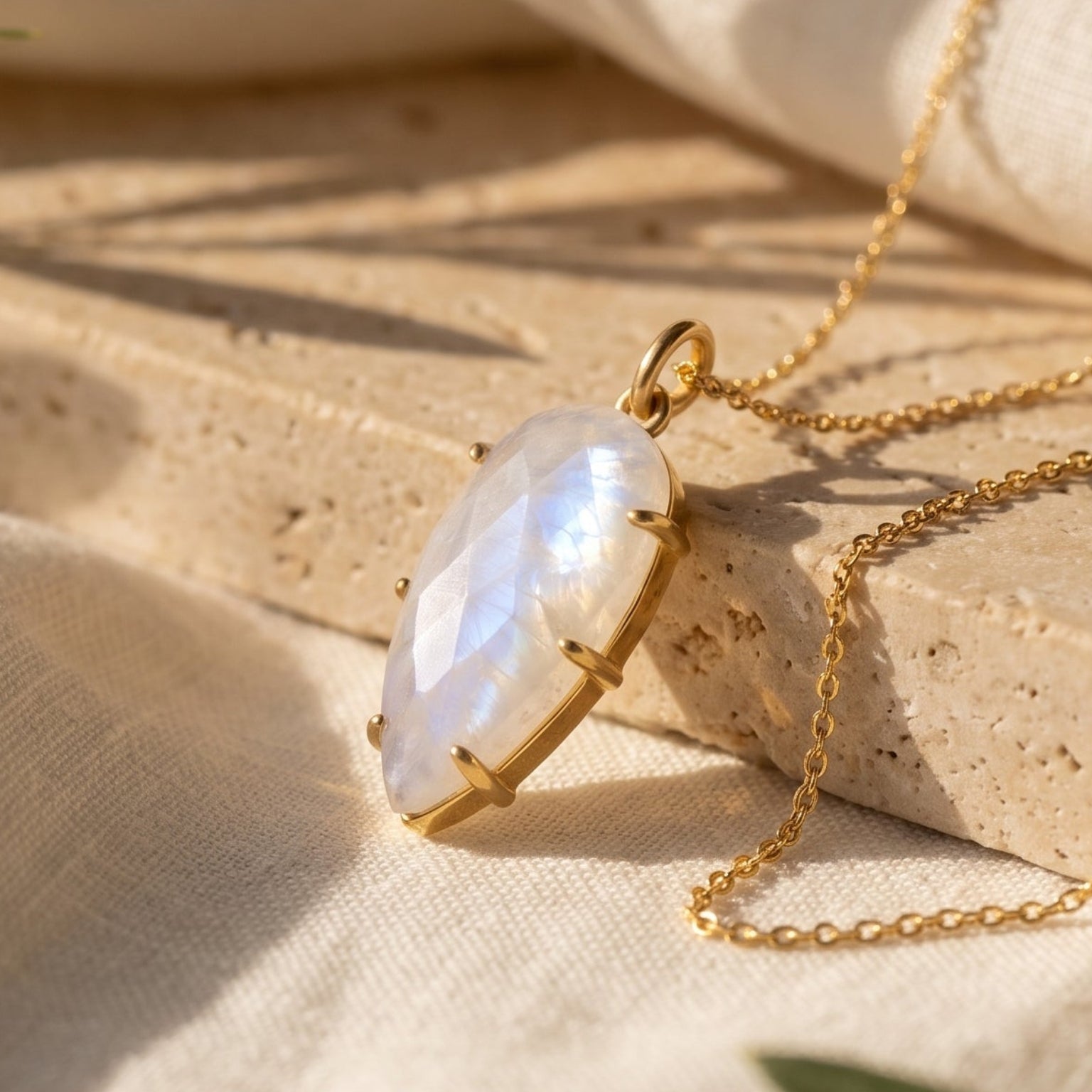 Gold necklace with a marquise-shaped iridescent moonstone pendant, styled on draped cream linen fabric and a stone slab with olive leaves.